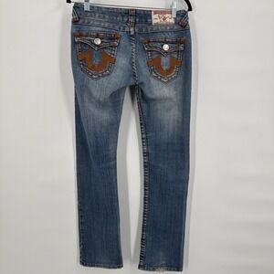 TRUE RELIGION Joey Super T Boot Cut Jeans Women 27 Low Rise Flap Pockets Stretch